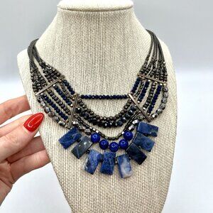 Makamol Multi-Strand Bib Necklace Blue Stone Statement Jewelry Boho Eclectic